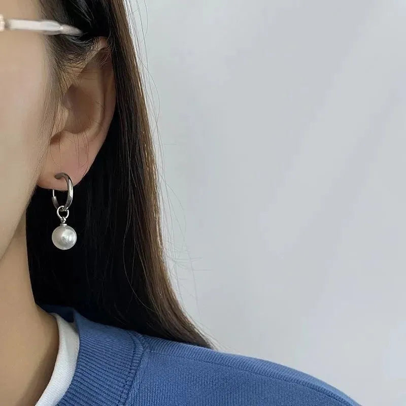Geometric alloy pearl earrings with titanium steel posts and round pearl drops