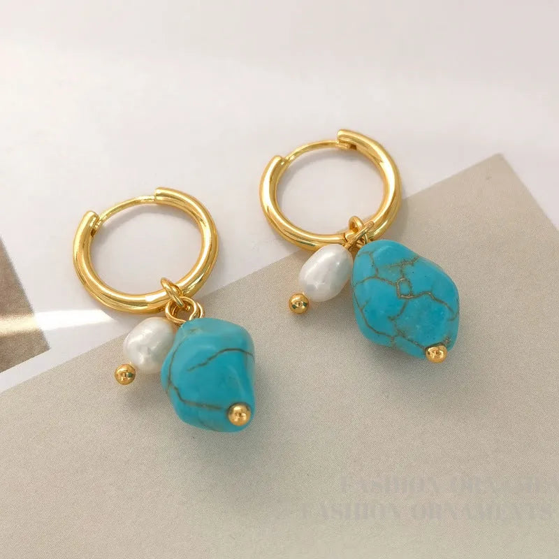 Geometric copper ear clip earrings with irregular turquoise stones and cultured pearls in long and short styles