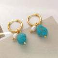 Geometric copper ear clip earrings with irregular turquoise stones and cultured pearls in long and short styles