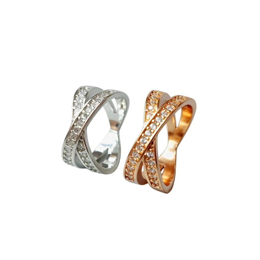 Metal cross ring with micro-inlaid zircon stones in silver or rose gold electroplated finish