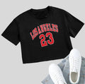 Cotton navel top with custom English letter printing in loose fit casual style with exposed navel detail