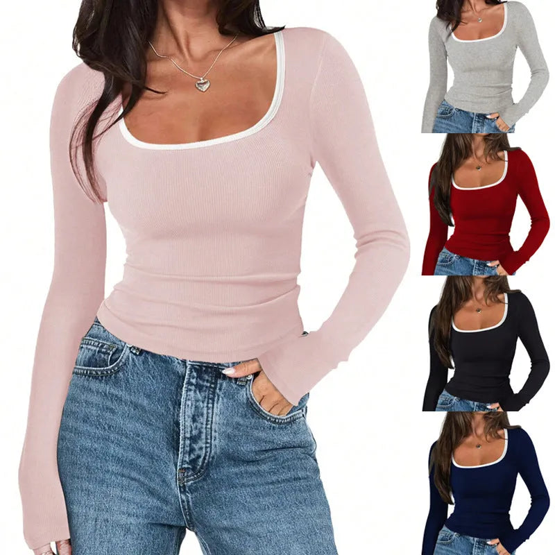 Women's square collar cotton top in slim fit with long sleeves showing light grey colour option