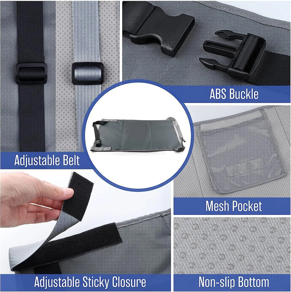 Blue children's aircraft seat extender with pedal support and drawstring storage pocket