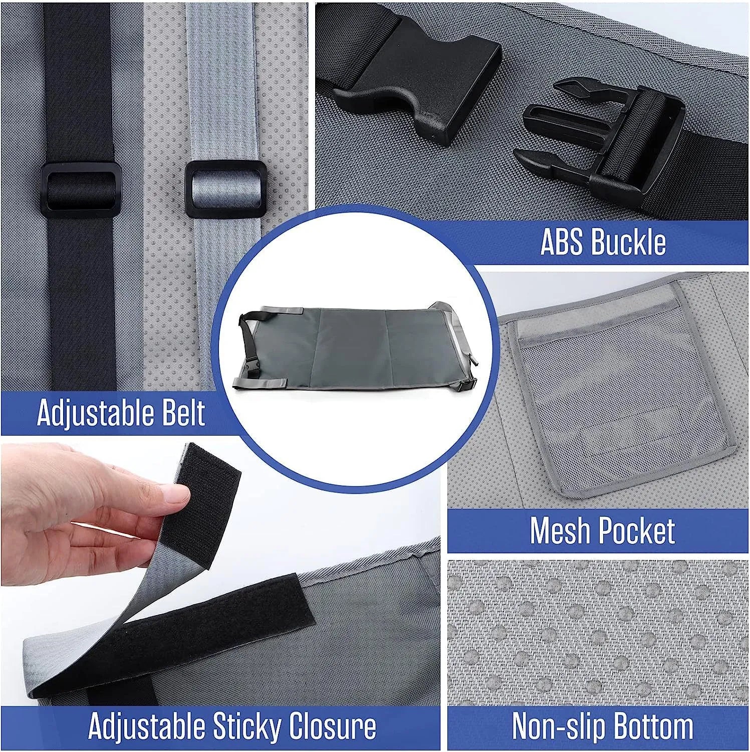 Blue children's aircraft seat extender with pedal support and drawstring storage pocket