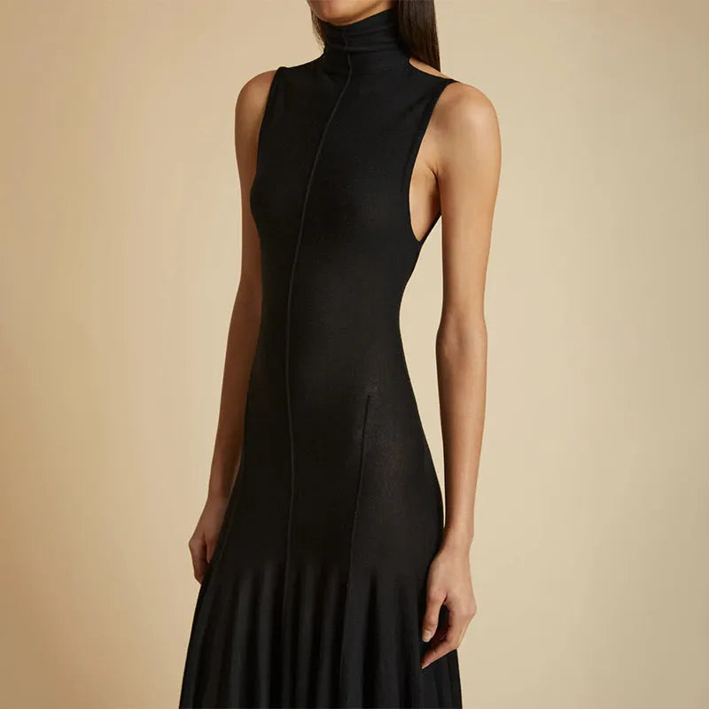 Grey cotton women's backless dress with half turtleneck and high-waisted slim fit