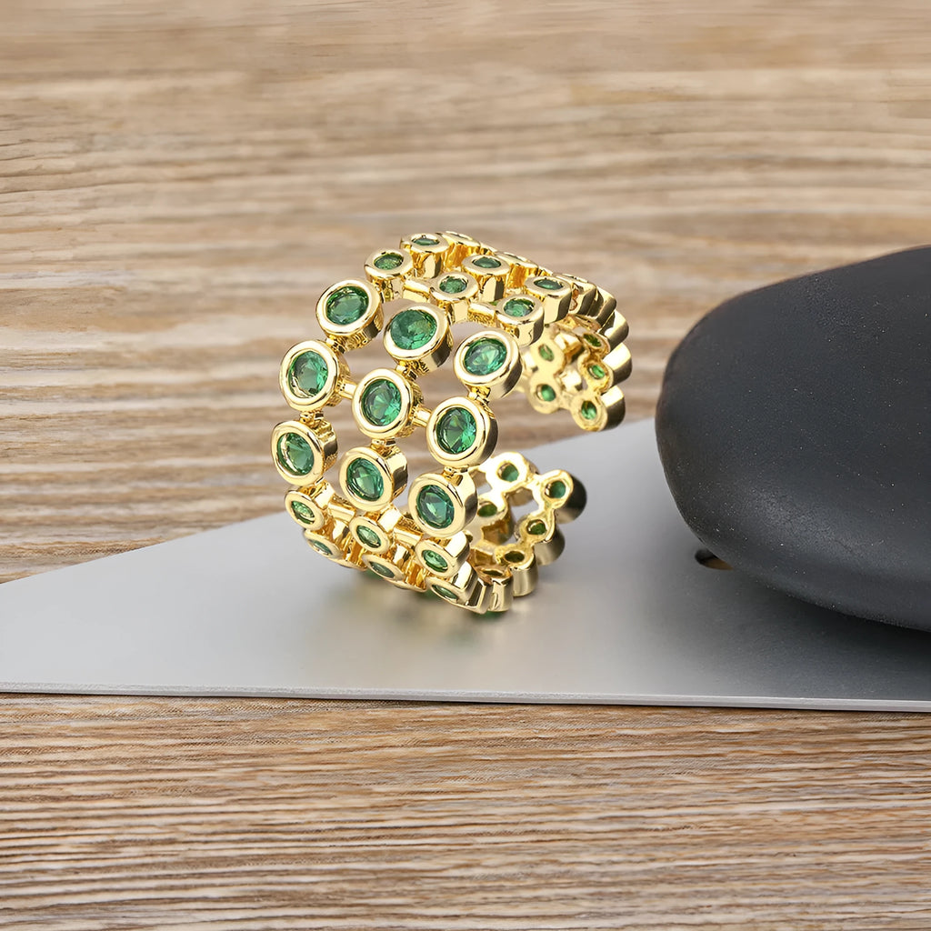 Copper gold plated three-layer wide ring with zircon details, exaggerated construction