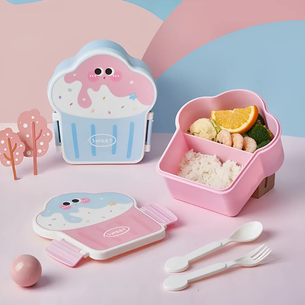 Plastic ice cream shaped lunch box in pink or blue with spoon and fork for students
