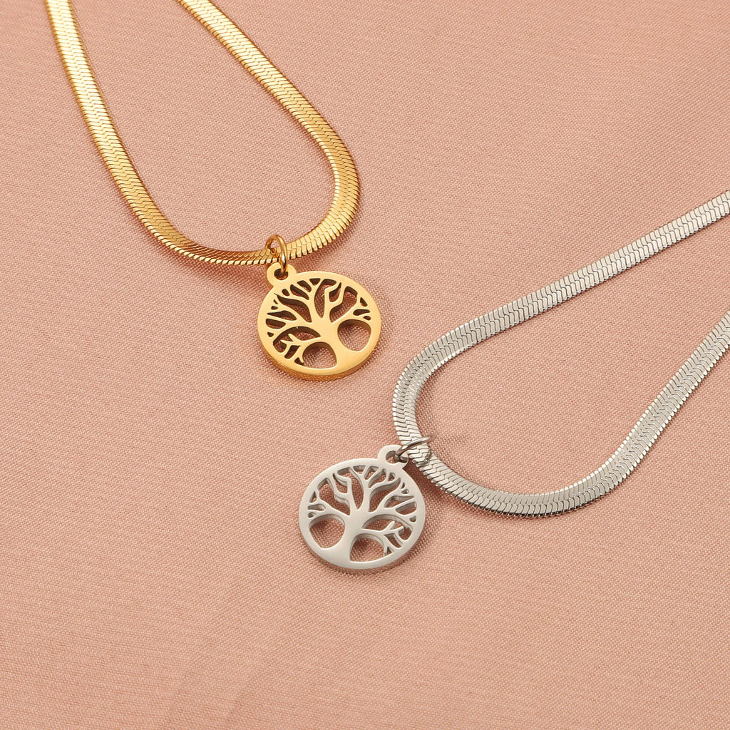 Stainless steel necklace with tree pendant on adjustable snake chain in gold and steel colours.