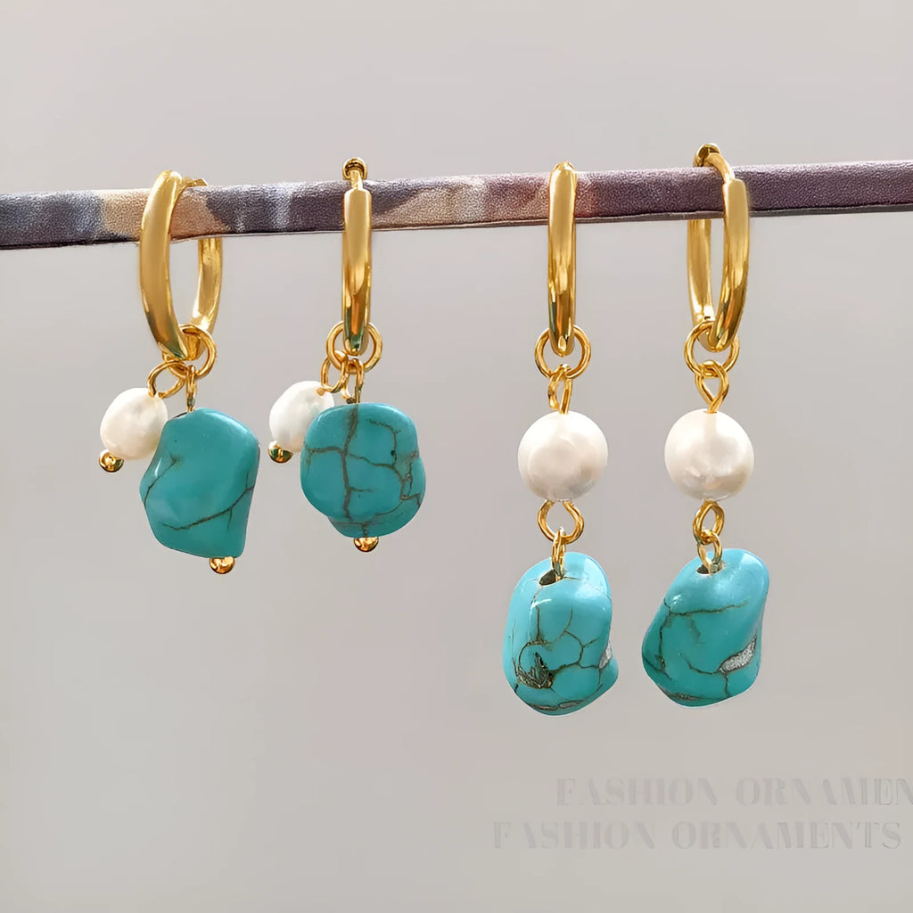 Geometric copper ear clip earrings with irregular turquoise stones and cultured pearls in long and short styles