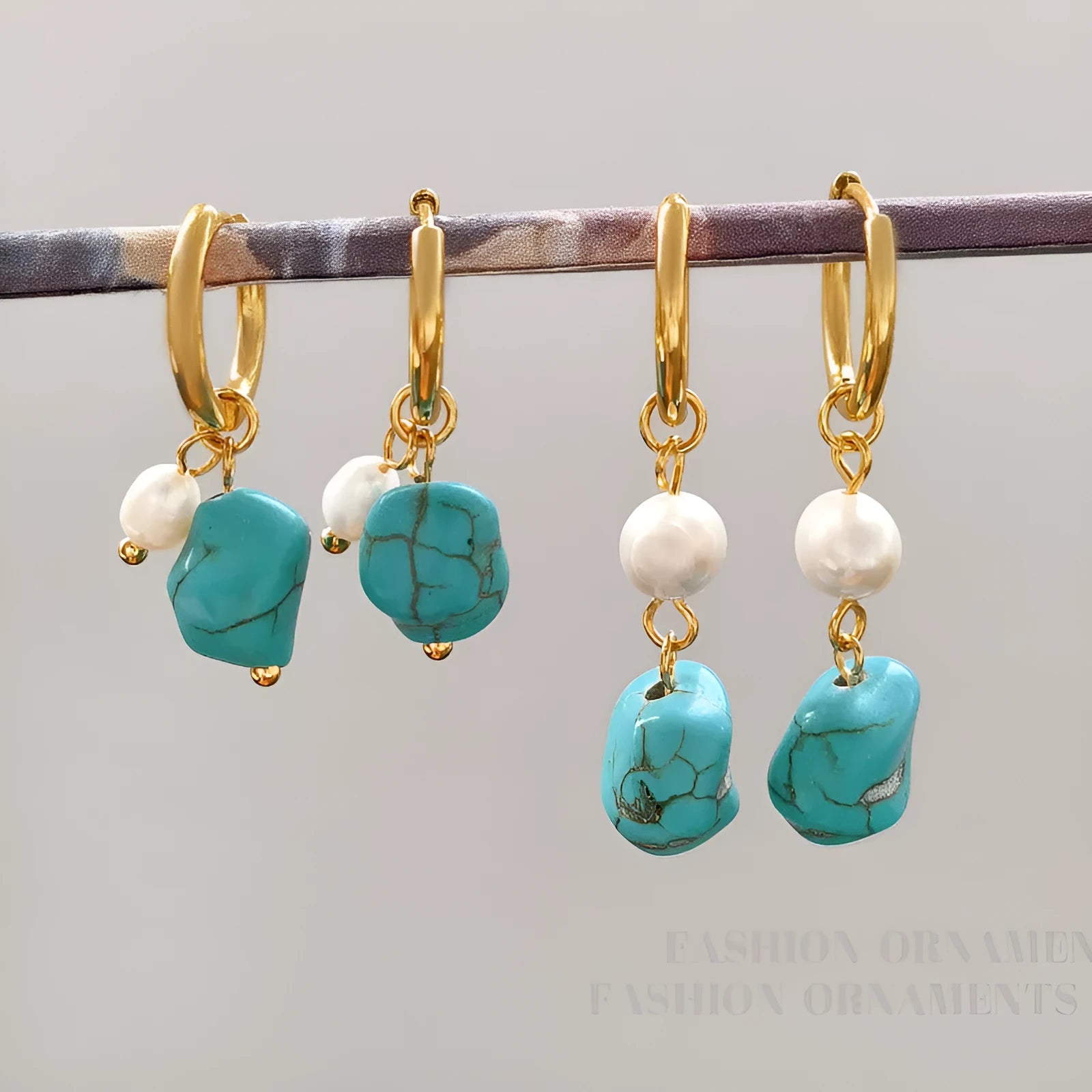 Geometric copper ear clip earrings with irregular turquoise stones and cultured pearls in long and short styles