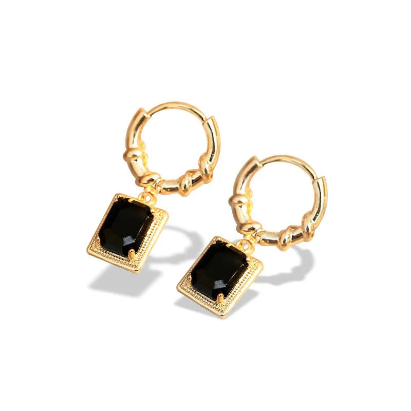 Geometric black zircon copper earrings with quadrilateral shape and retro French Court design