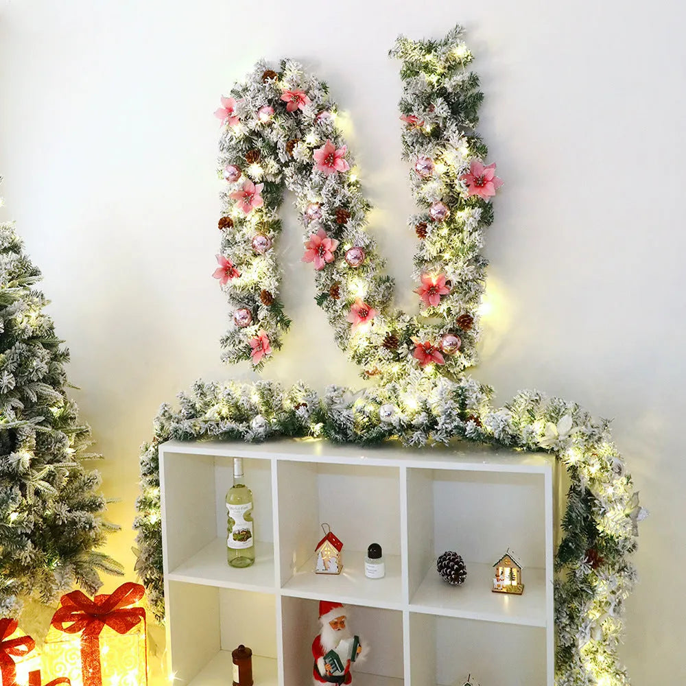Christmas rattan garland flocking decoration with PVC American style artificial foliage vine