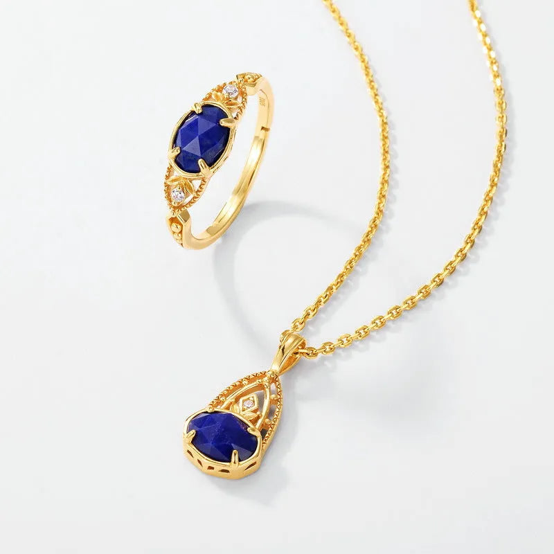 Silver lapis lazuli ring with ellipse stone and geometric Japanese-style design for women