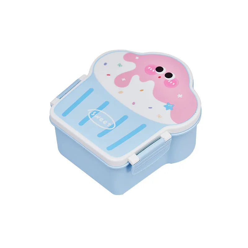 Plastic ice cream shaped lunch box in pink or blue with spoon and fork for students