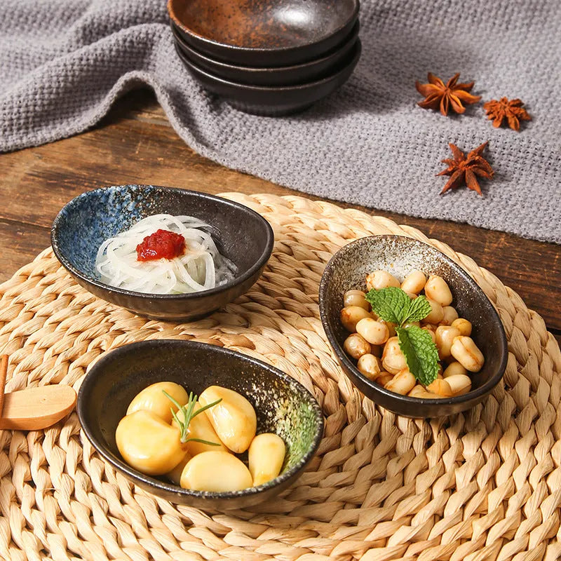 Japanese ceramic oval sauce dipping bowl with underglaze Edo pattern decoration