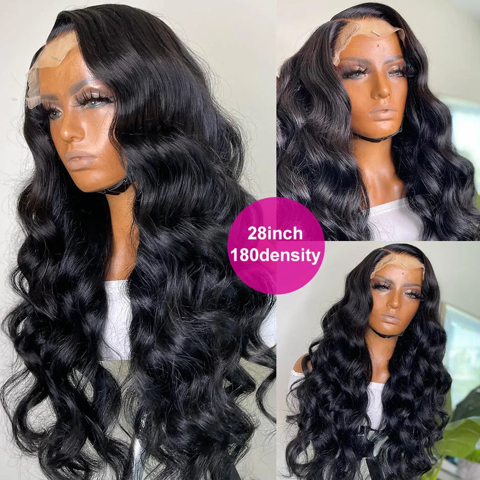 Black synthetic long curly wig with side bangs and a front lace hairline, shown at different lengths.