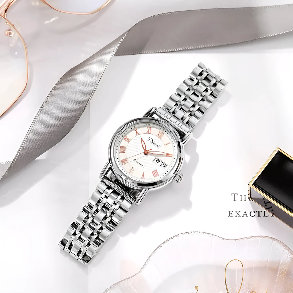Women's automatic mechanical watch with steel bracelet or leather strap options in multiple colours