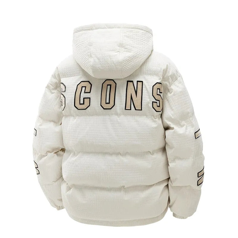 Men's black Korean-style hooded winter coat with letter-print detail and side pockets.