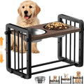 Black wooden dog bowl stand with non-slip base, holding a food and water bowl.
