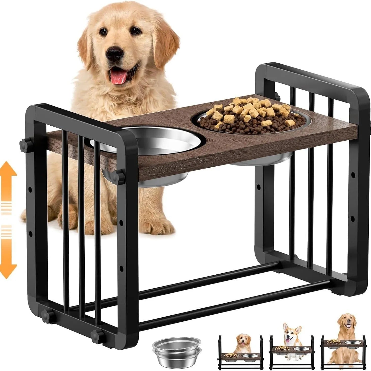 Black wooden dog bowl stand with non-slip base, holding a food and water bowl.