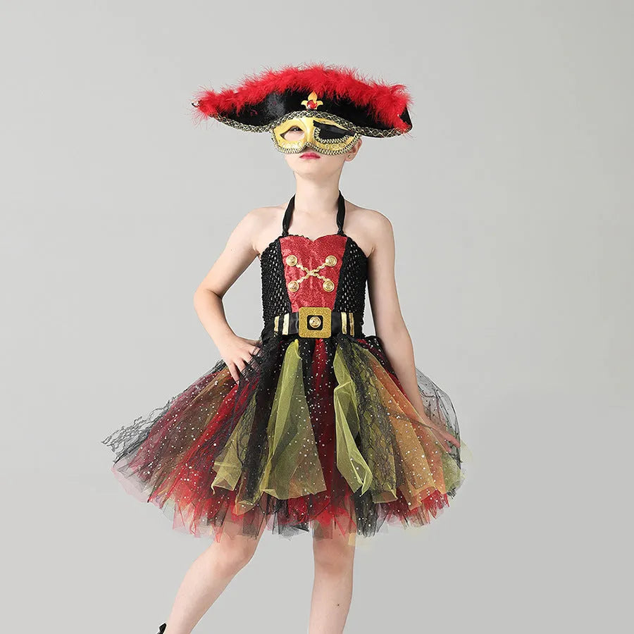 Girls pirate costume dress with sequins, mesh panels, and lace trim for Halloween