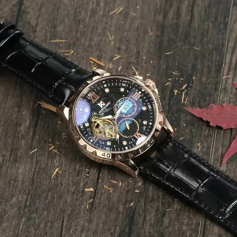 Men's automatic watch with black hollow dial, rose gold case, and leather strap