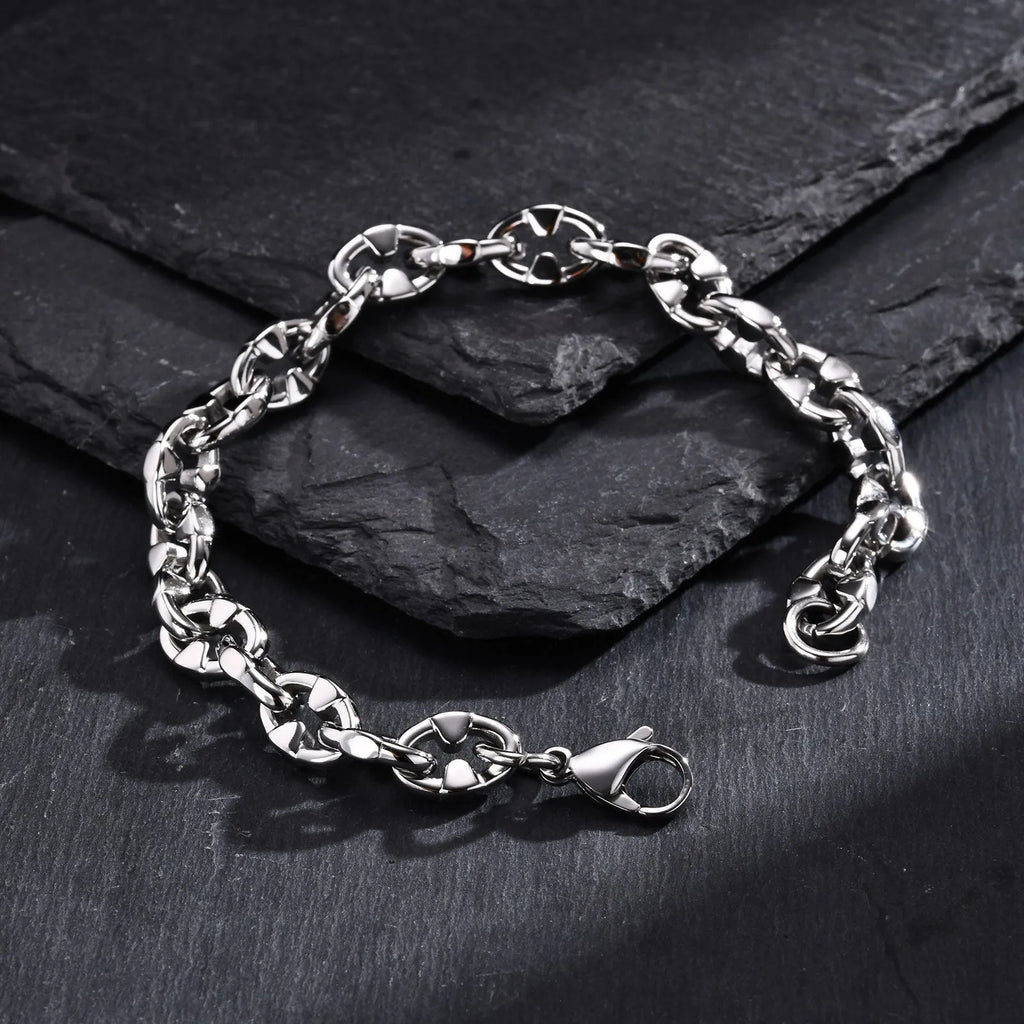 Men's thick stainless steel handmade chain bracelet in steel colour with geometric links