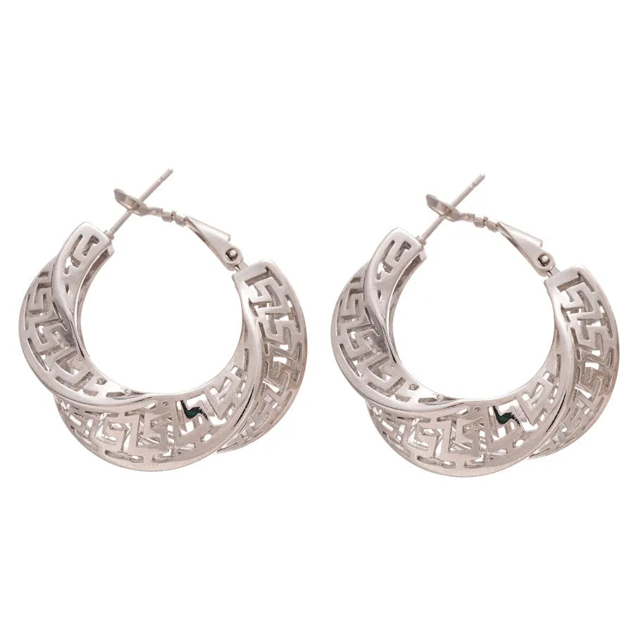 Geometric hollow stud earrings with twisted round design in silver or gold finish