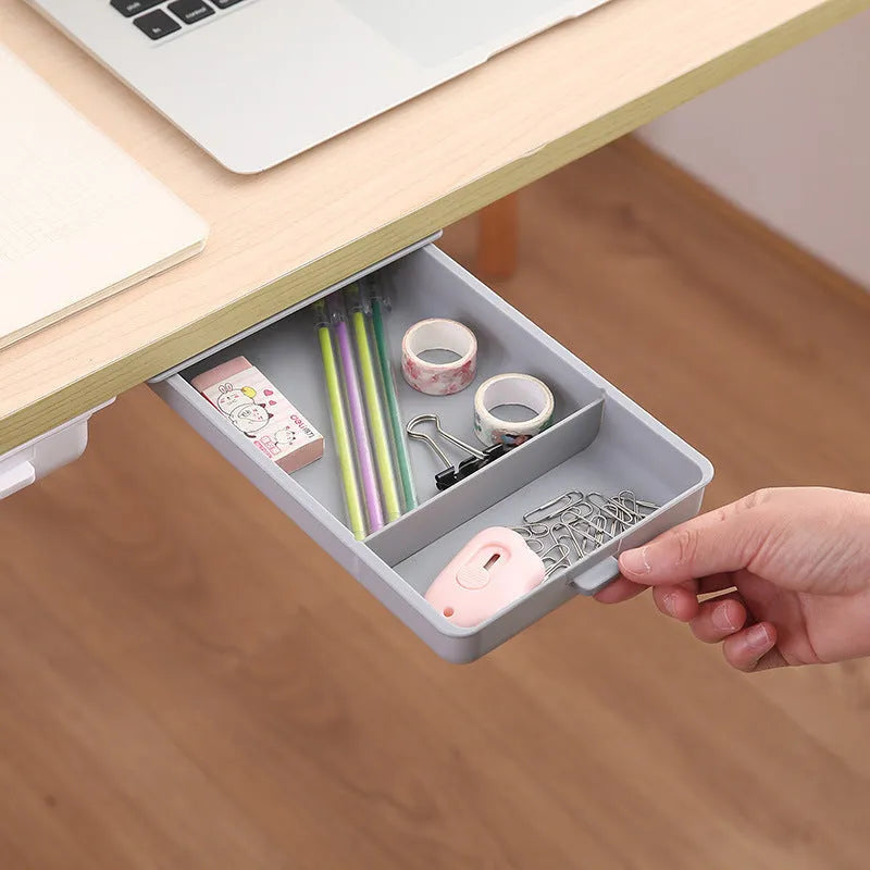 Small plastic under-table storage box with covered grid design in solid colour options for desk organization