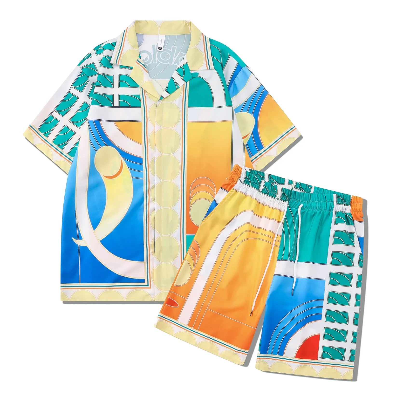 Men's plaid print beach outfit set with short sleeve shirt and pants on a hanger.
