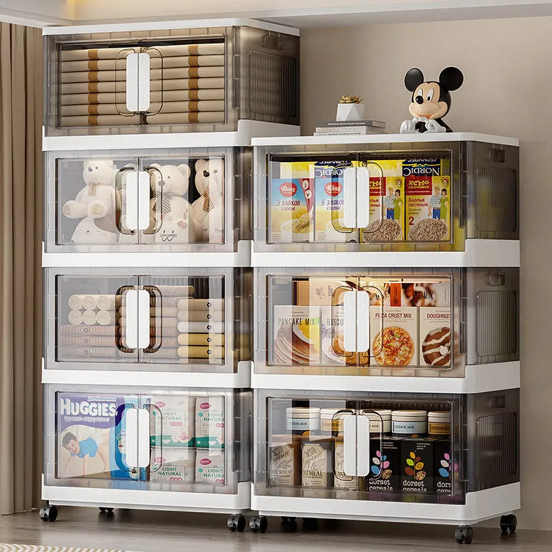 Foldable PP plastic storage locker with wheels available in white or grey with multiple layer options for shoes and toys