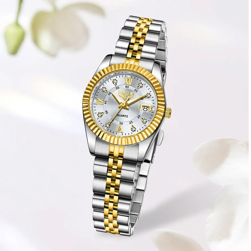 Ladies waterproof quartz fashion watch with slim 10mm profile in gold and silver colour options