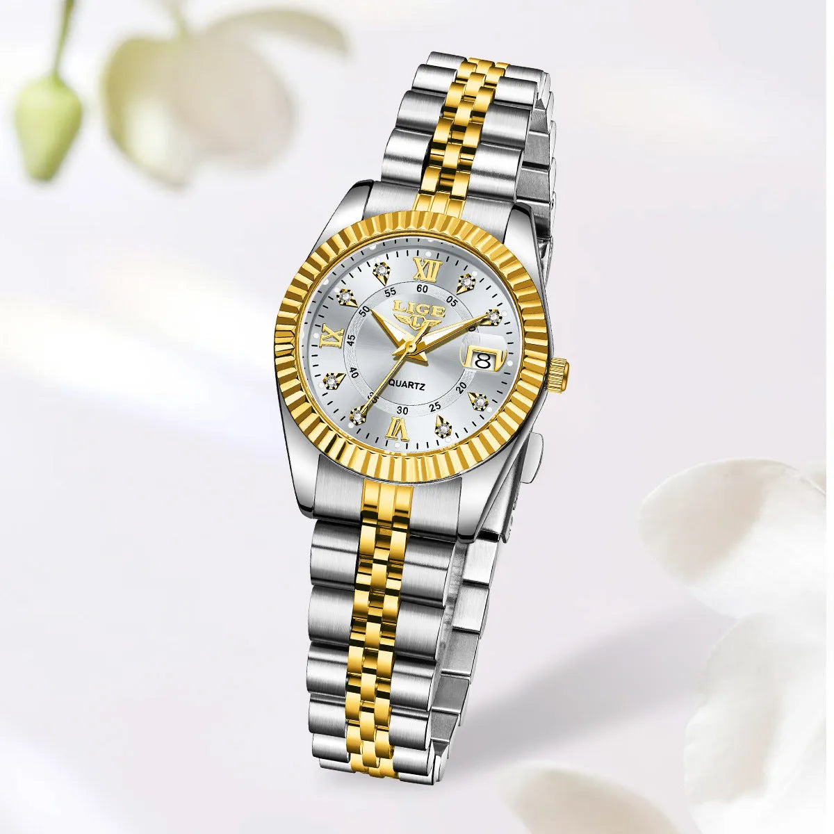 Ladies waterproof quartz fashion watch with slim 10mm profile in gold and silver colour options