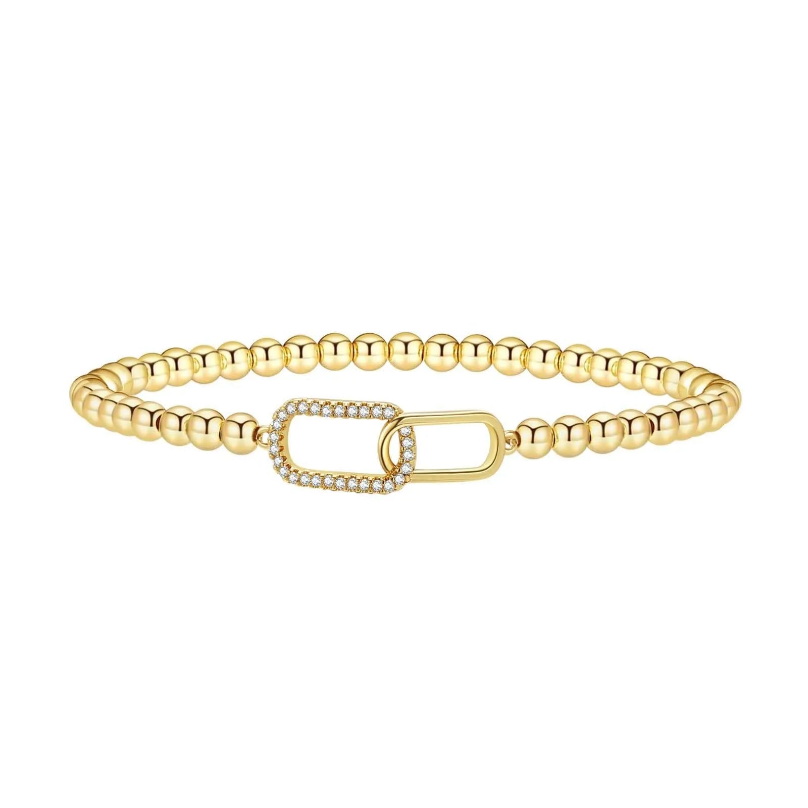 Adjustable stainless steel beaded bracelet with round geometric beads and electroplated finish for women