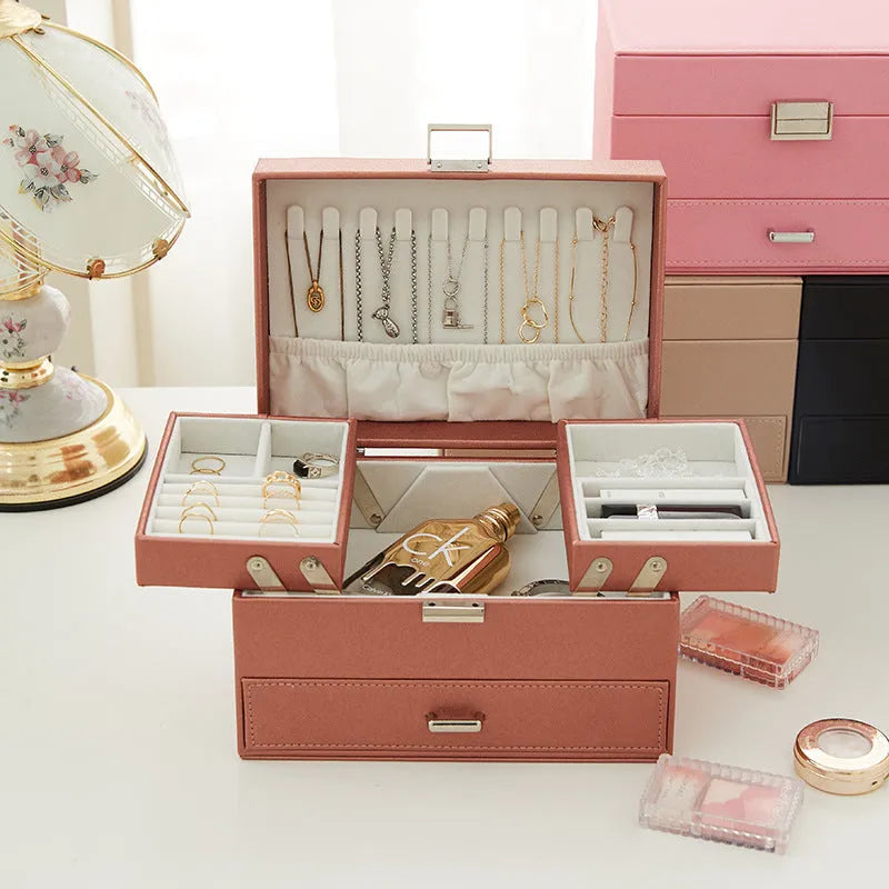 Hard PU leather jewelry storage box in a choice of four solid colours.