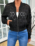 Black women's casual jacket with geometric pattern on semi-transparent polyester fabric