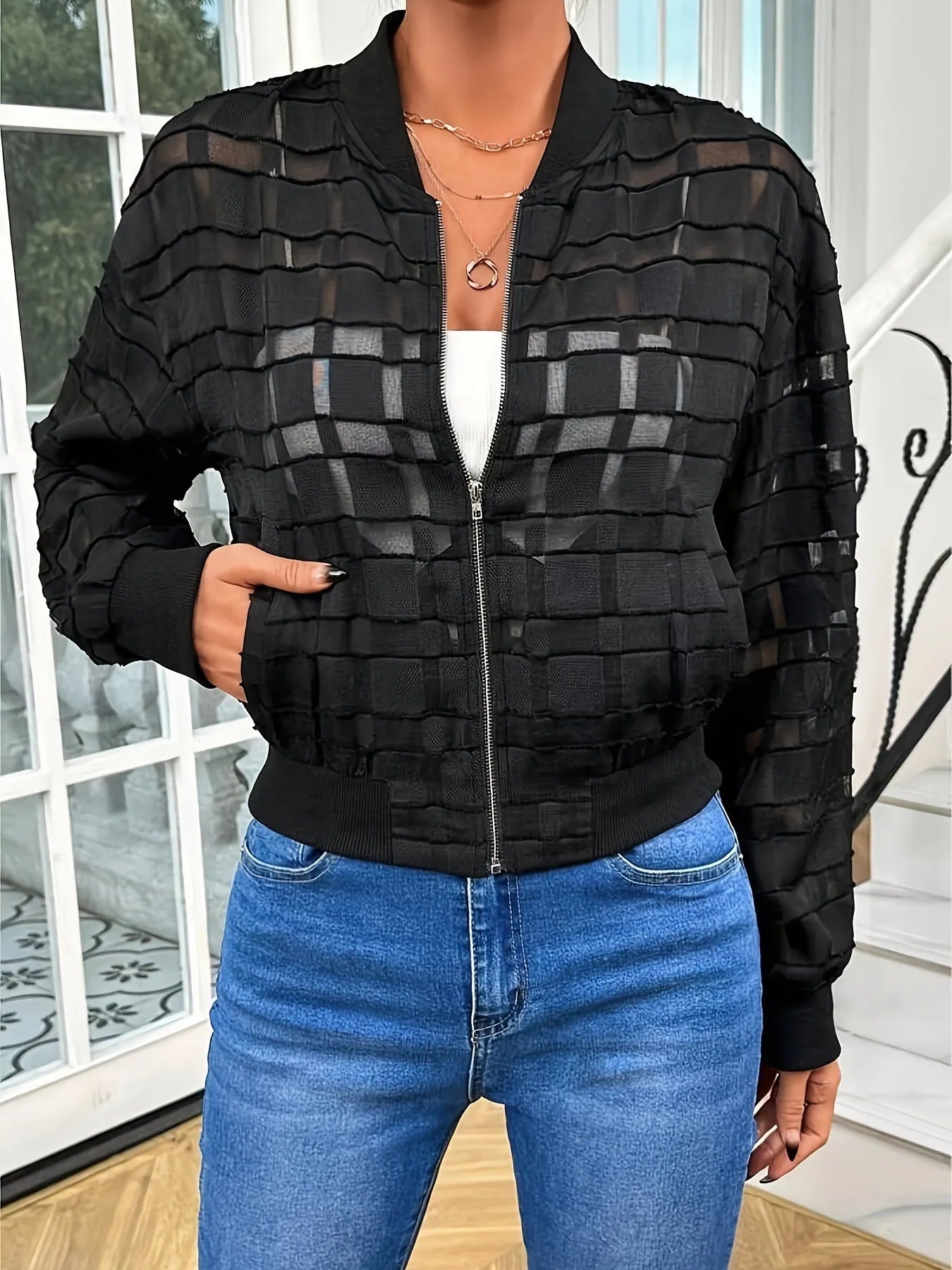 Black women's casual jacket with geometric pattern on semi-transparent polyester fabric