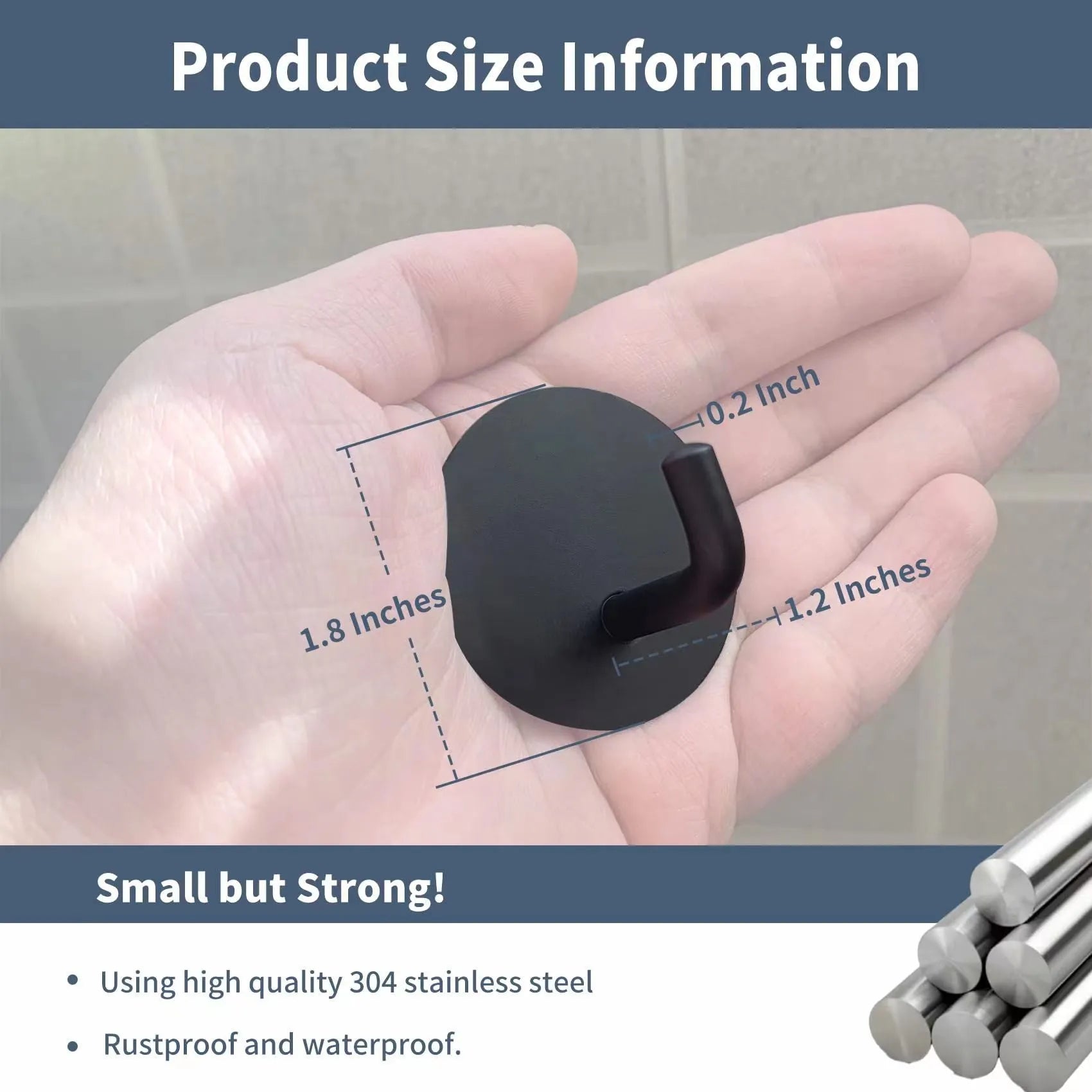 Round stainless steel self-adhesive wall hook in black and polished finish for bathroom and kitchen storage
