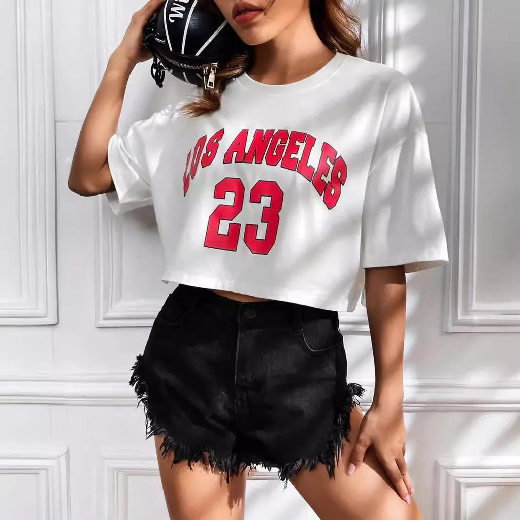 Cotton navel top with custom English letter printing in loose fit casual style with exposed navel detail