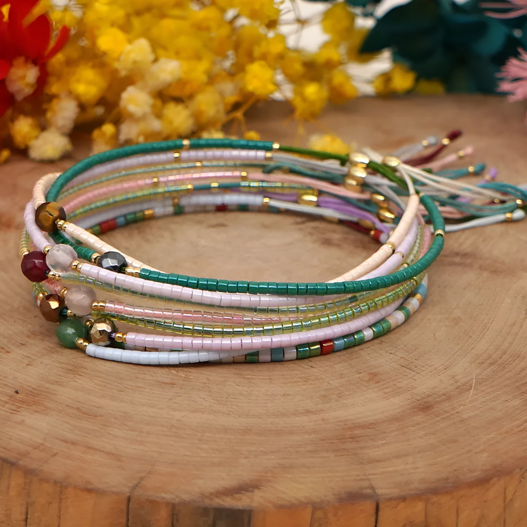 Handmade colourful Bohemian bracelet with geometric glass and coloured glaze beads in various colour options