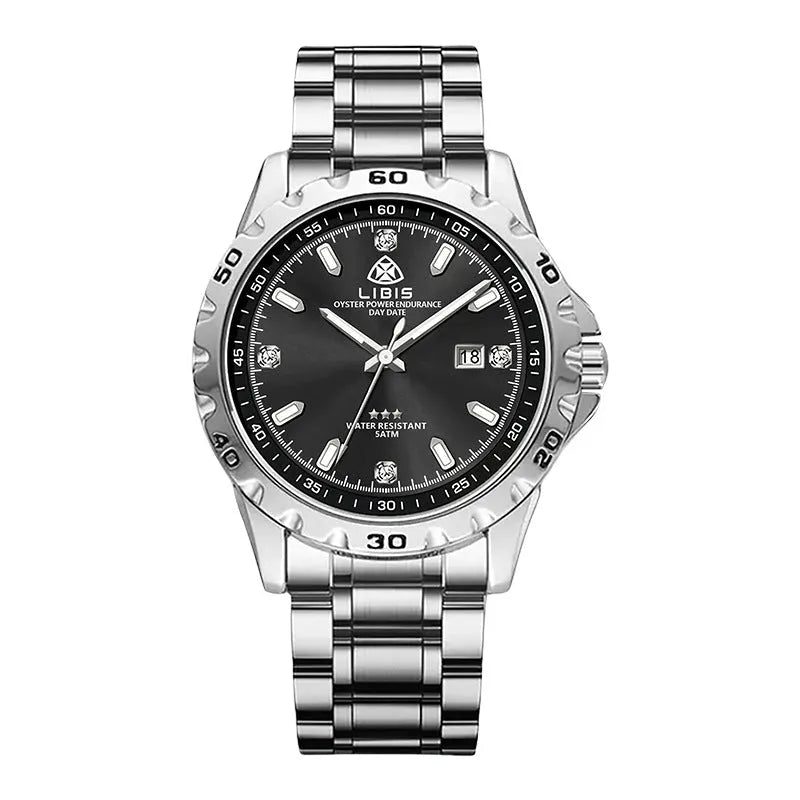 Men's silver case watch with sapphire crystal glass and stainless steel strap