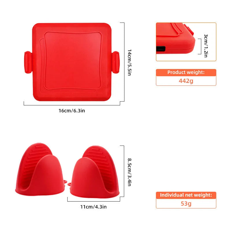 Red silicone baking tray with anti-scald handbag design and included oven gloves