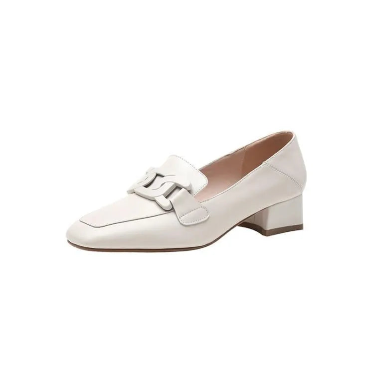 British style chunky heel pumps women's loafer square toe solid colour microfiber lining