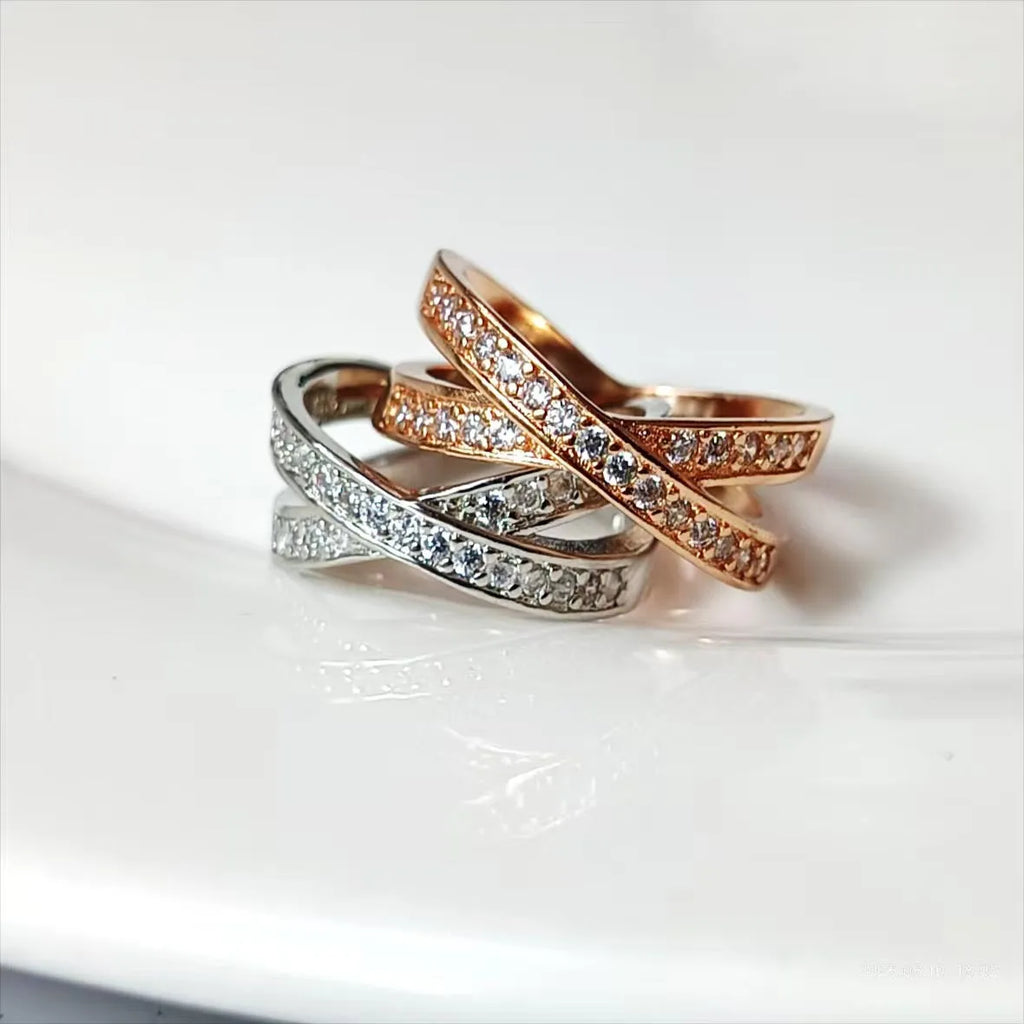 Metal cross ring with micro-inlaid zircon stones in silver or rose gold electroplated finish