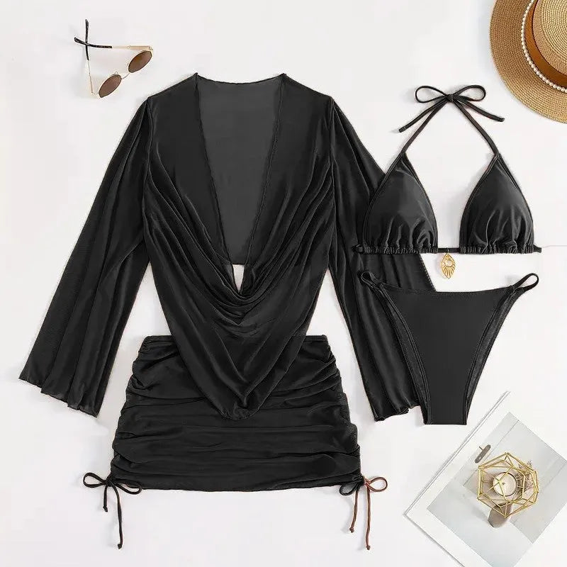 Dark brown women's lace-up bikini swimsuit set, backless and sleeveless design.