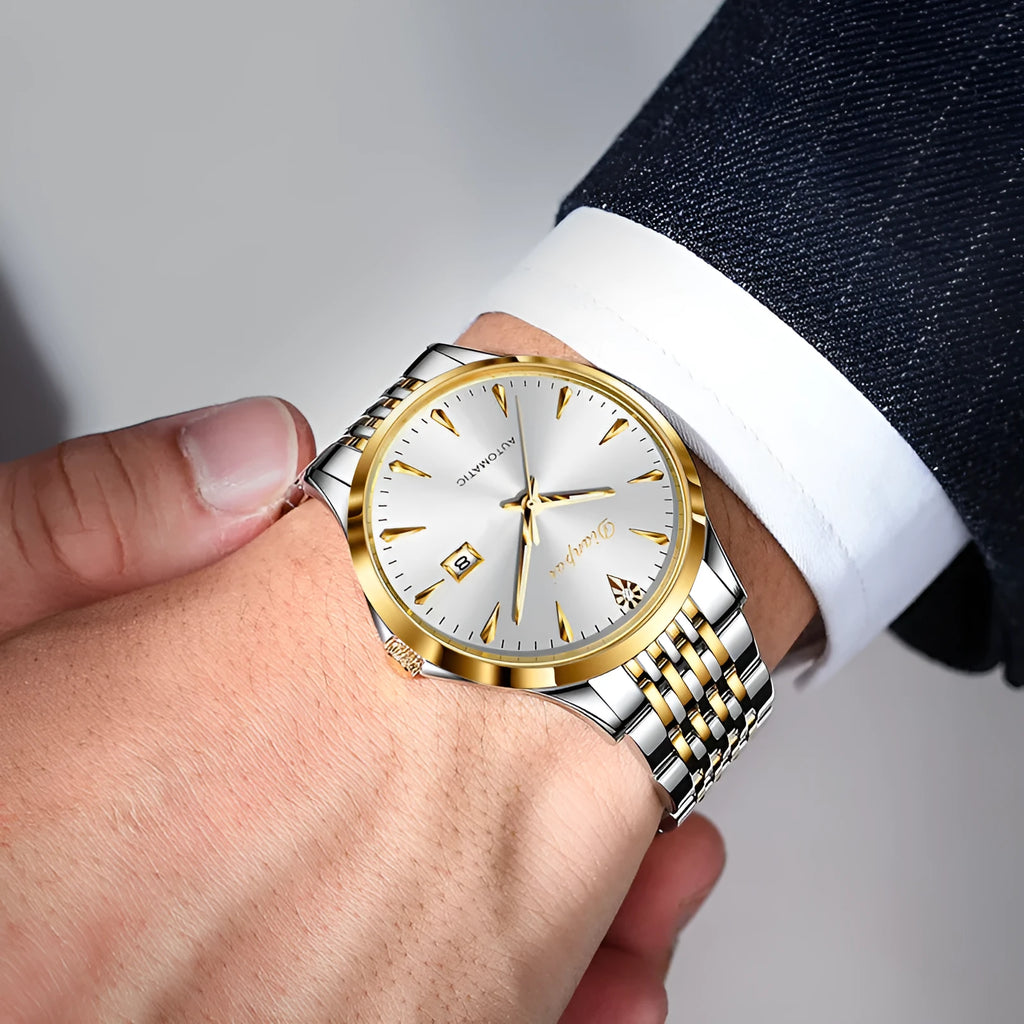 Men's automatic mechanical watch with stainless steel bracelet and simple dial