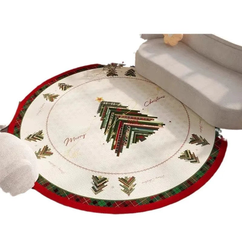 Round red and green Christmas themed non-slip polyester floor mat on a living room floor.