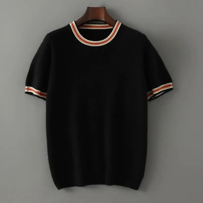 Men's grey short sleeve wool sweater with a round neck, laid flat