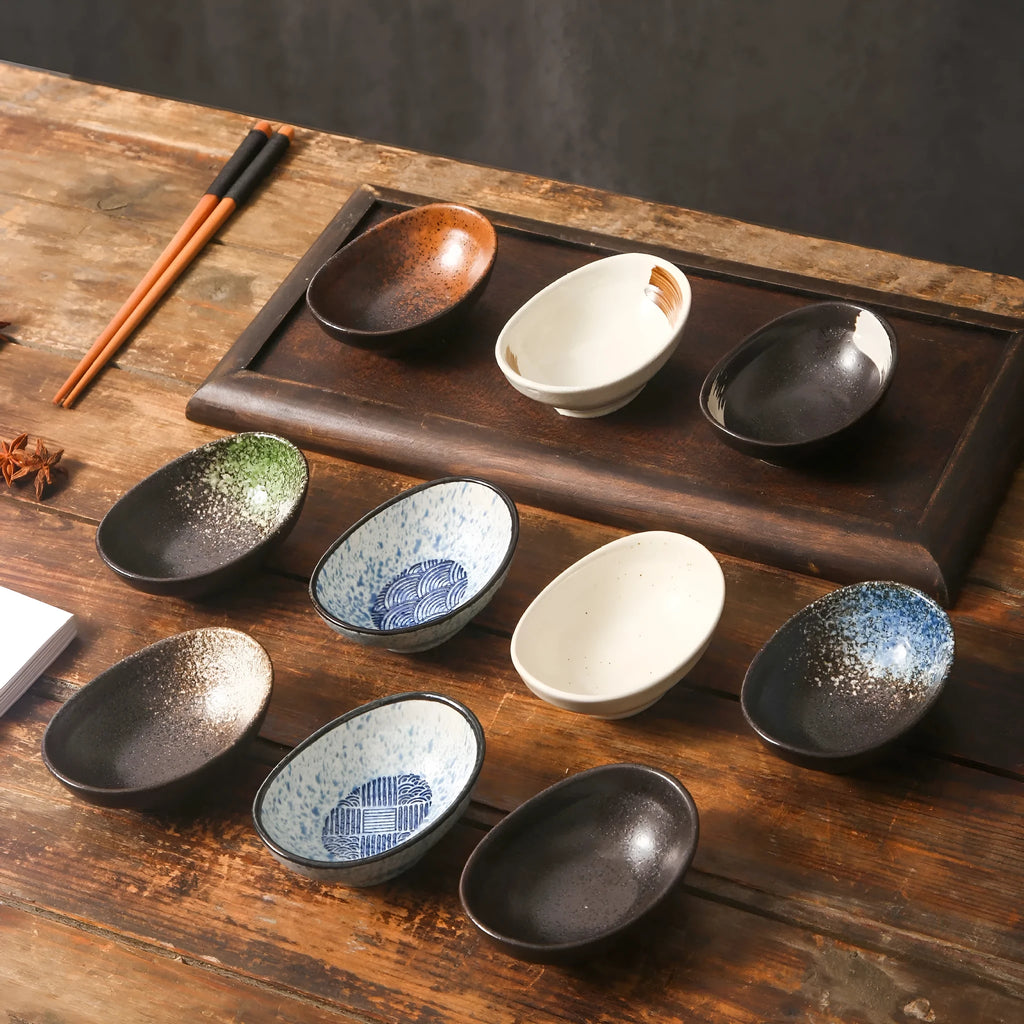 Japanese ceramic oval sauce dipping bowl with underglaze Edo pattern decoration