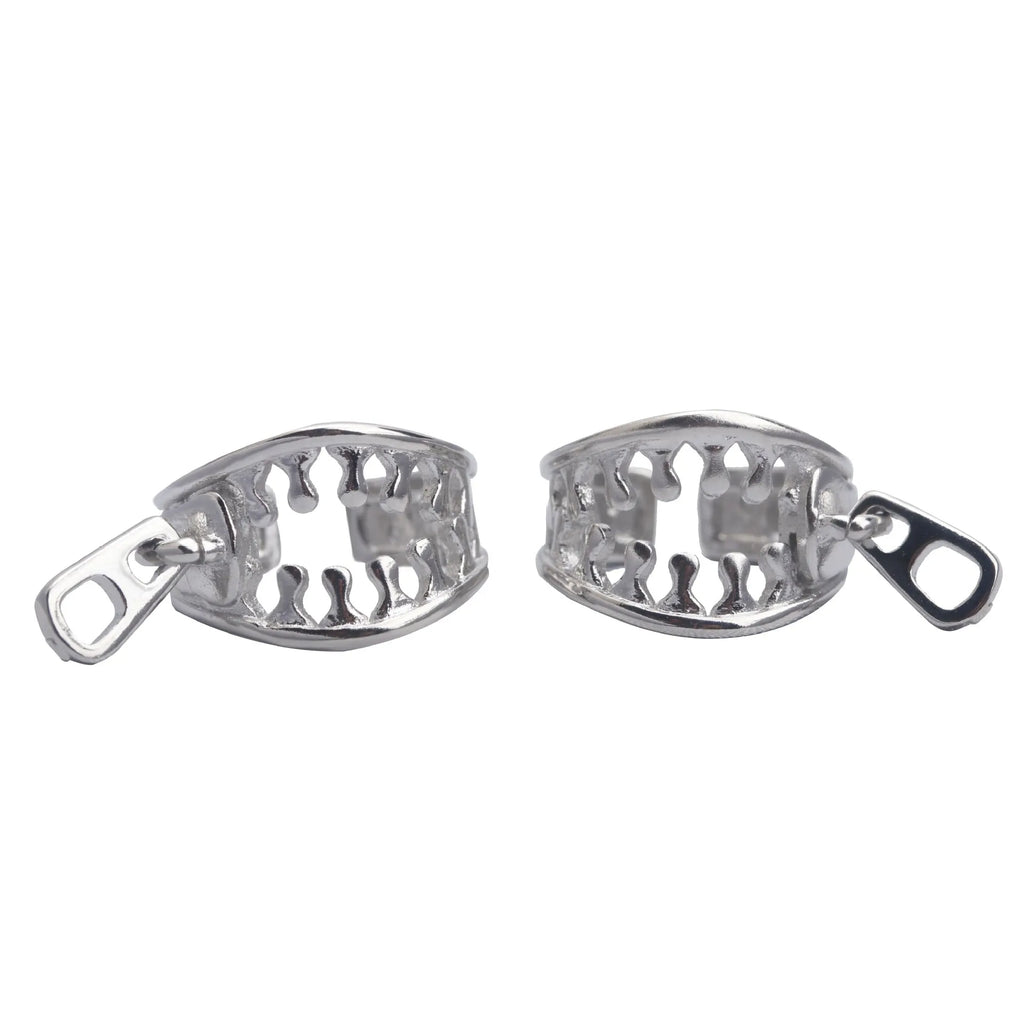 Copper geometric ear clips with zipper design detail in ES862 colour showing bone clip fastening